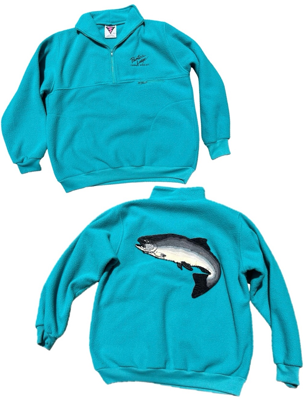 VTG 90s Teal Trout-Patch Lg Fleece 1/4-Zip Pullover Painter’s Lodge BC Kitschy